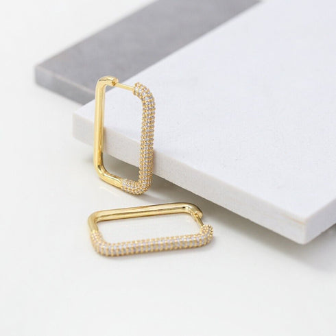 Exquisite Micro Pave 14K Gold Plated Rectangular Cubic Zirconia Hoop Earrings